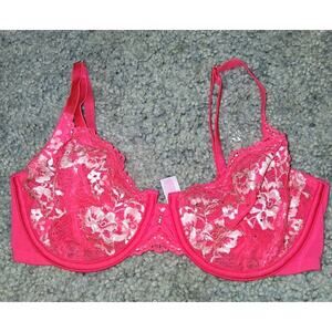 Victoria's Secret Bra Size 32D Red pink Demi Unlined Bra Lace no padding